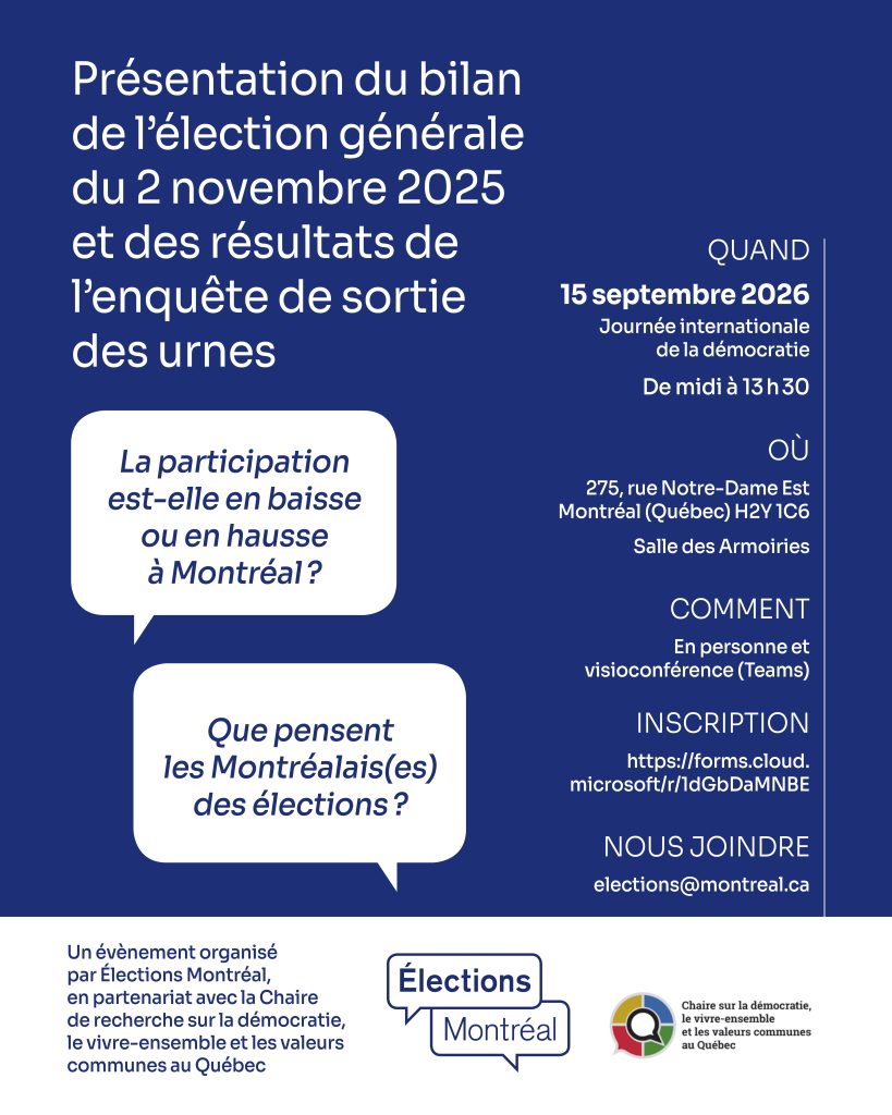 Image résumant les informations pour participer à la présentation du bilan de l'élection générale du 2 novembre 2025 et des résultats de l'enquête de sortie des urnes